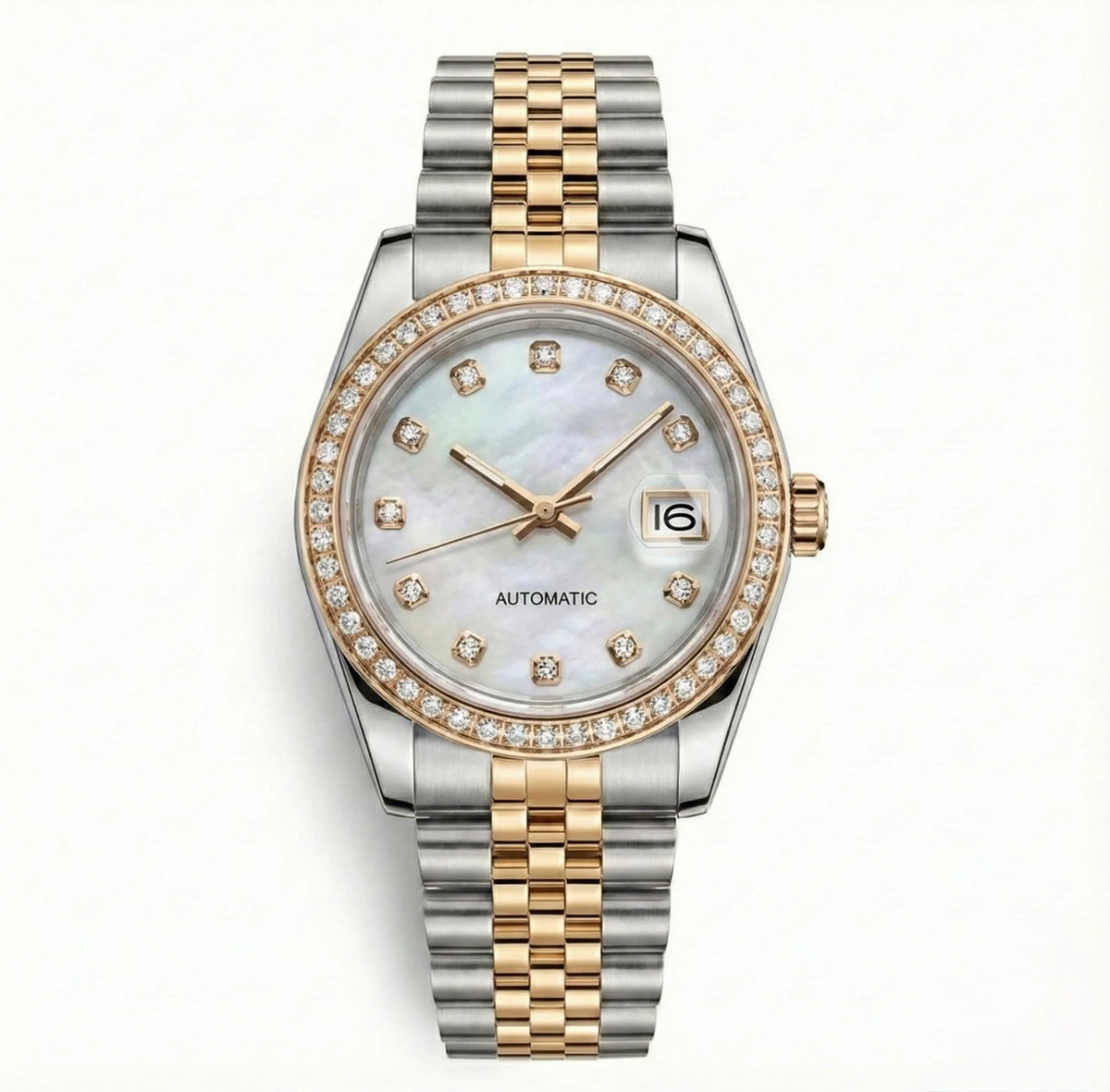 Two-tone women's watch with pearl-look dial, gem-set markers and bezel, and silver- and gold-tone bracelet